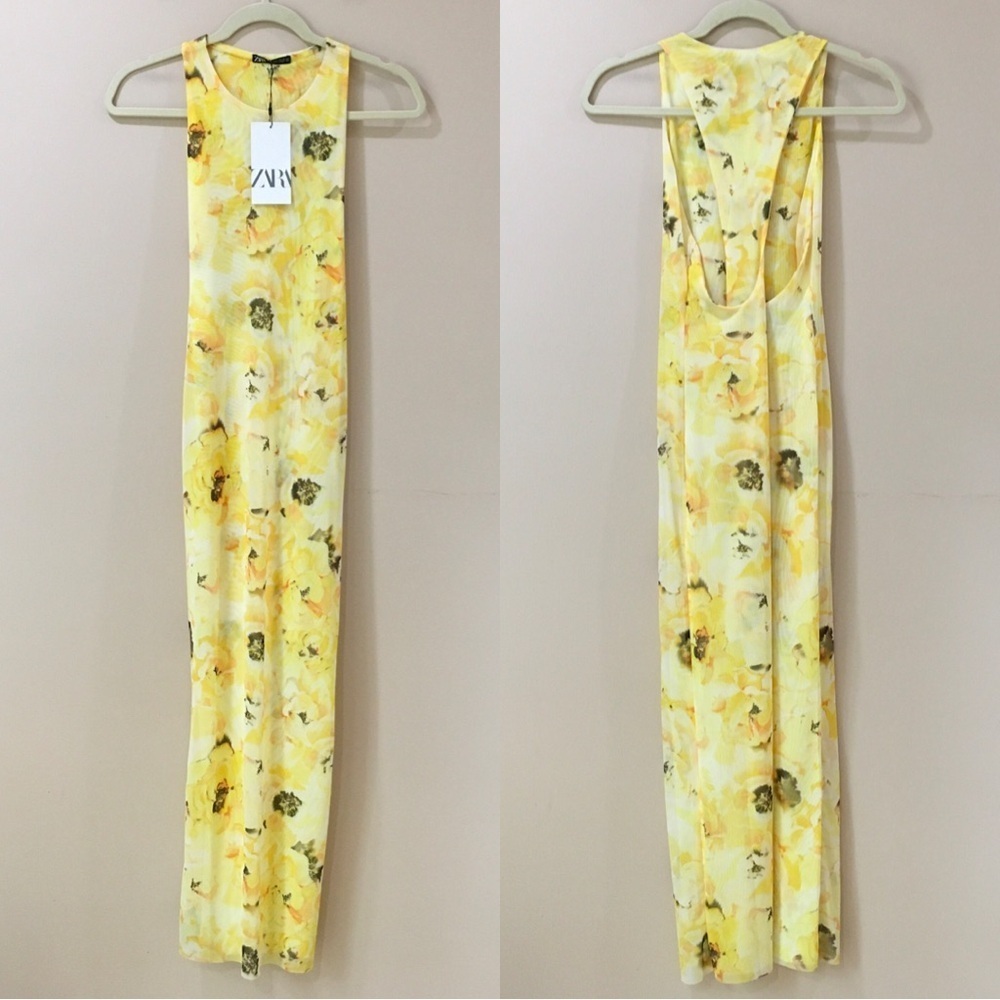Zara maxi dress tulle floral yellow size s new - Picture 5 of 9
